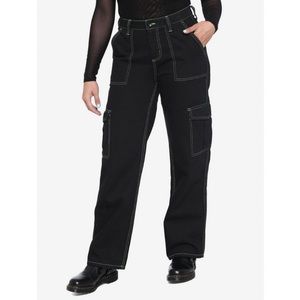 Hot Topic Denim Black & Green Contrast Stitch Hi-Rise Carpenter Pants Grunge